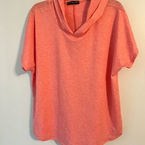 Kim & Cami Womens 1X Coral Heathered Short Sleeve Hoodie Relaxed Knit‎ Top